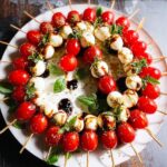 A platter of festive Holiday Caprese Skewers featuring cherry tomatoes, mozzarella balls, basil, and a balsamic glaze drizzle.