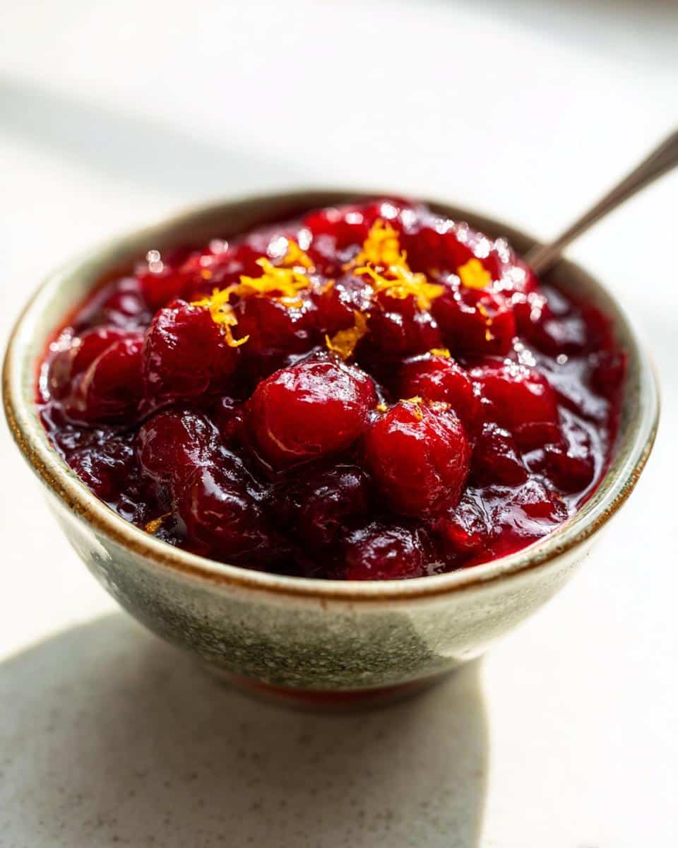 Close-up of a bowl of homemade cranberry sauce, a key component of best Thanksgiving side dishes, garnished with orange zest.