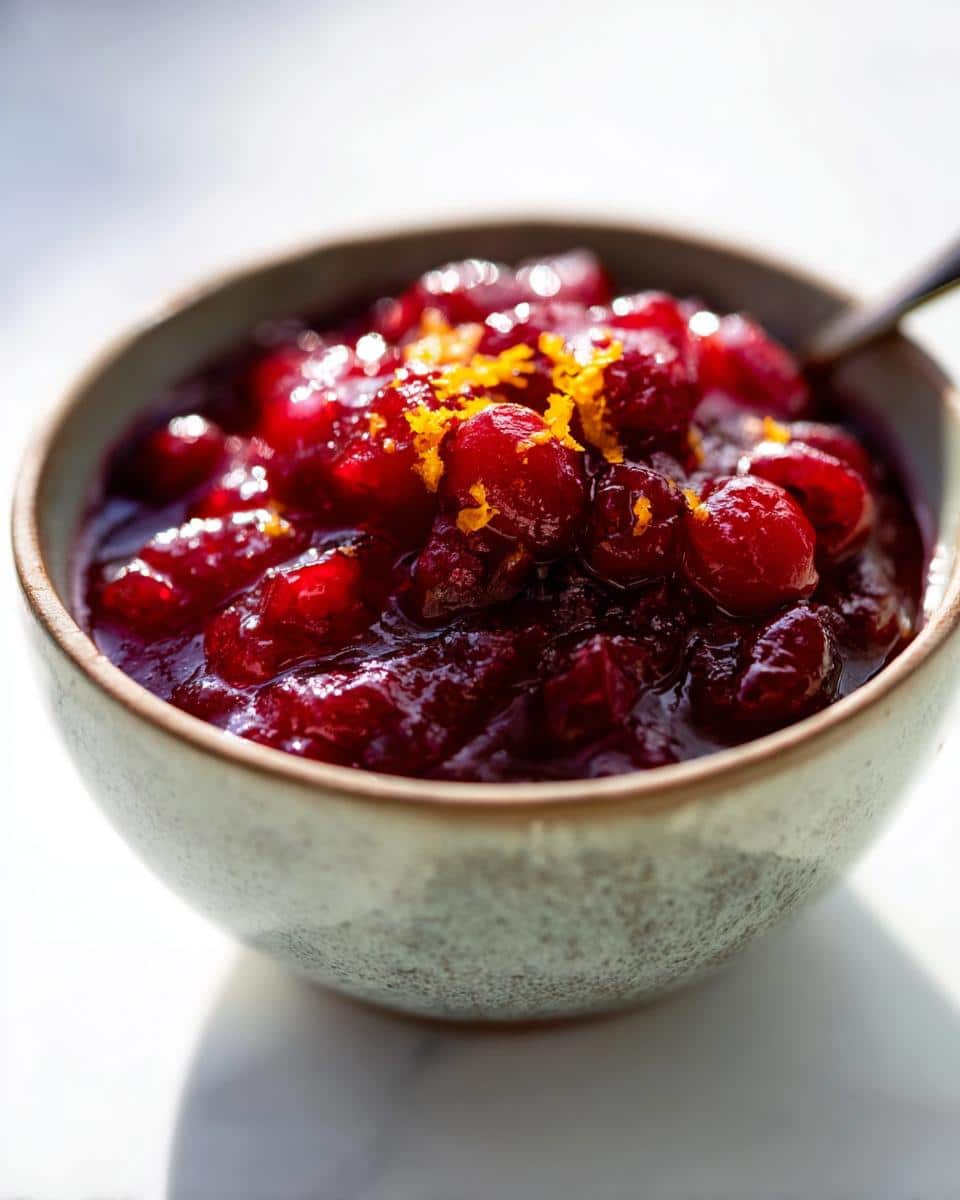 A close-up of homemade cranberry sauce in a bowl, garnished with orange zest, perfect for best Thanksgiving side dishes.