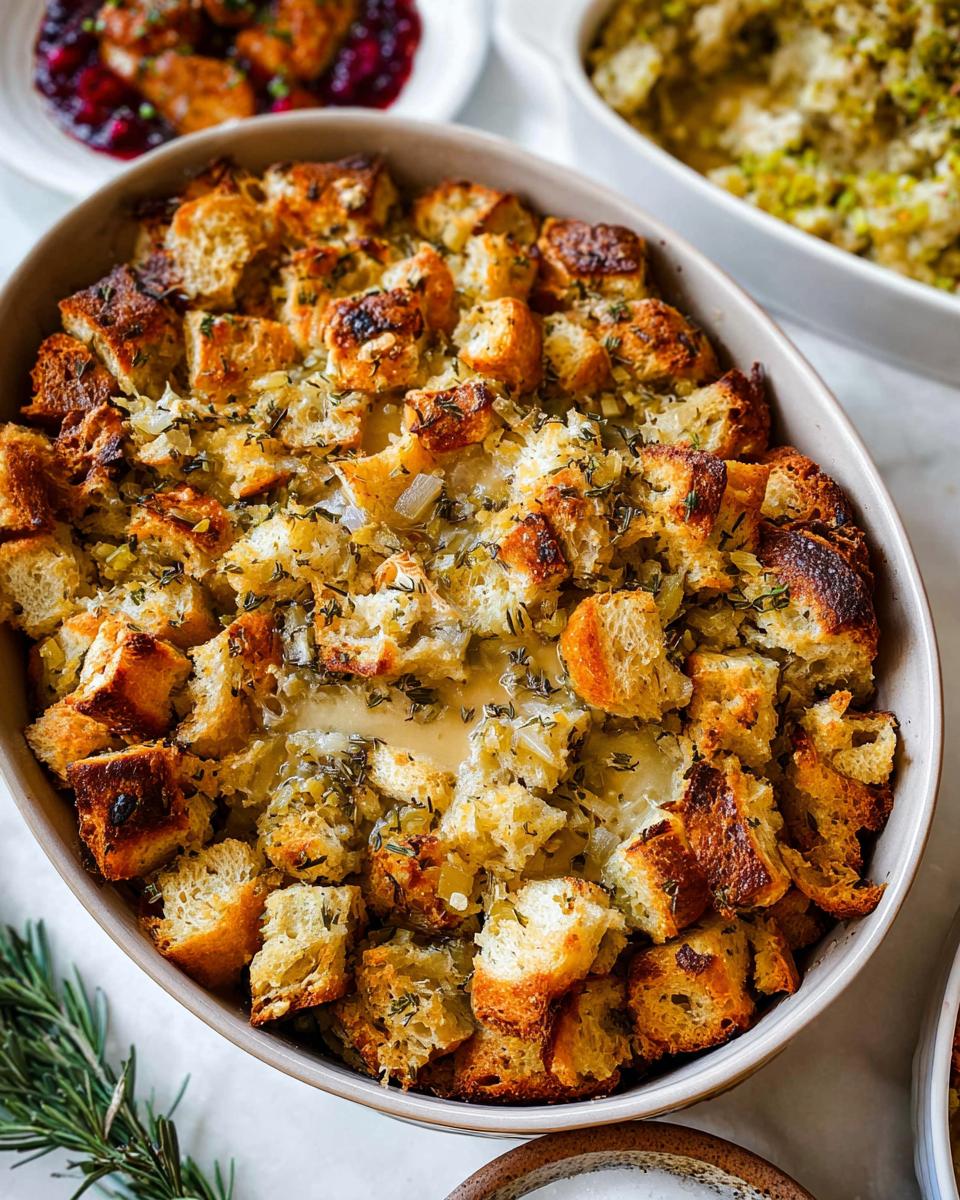 Close-up of a golden brown Homemade Herb Bread Stuffing baked in an oval dish, topped with herbs.