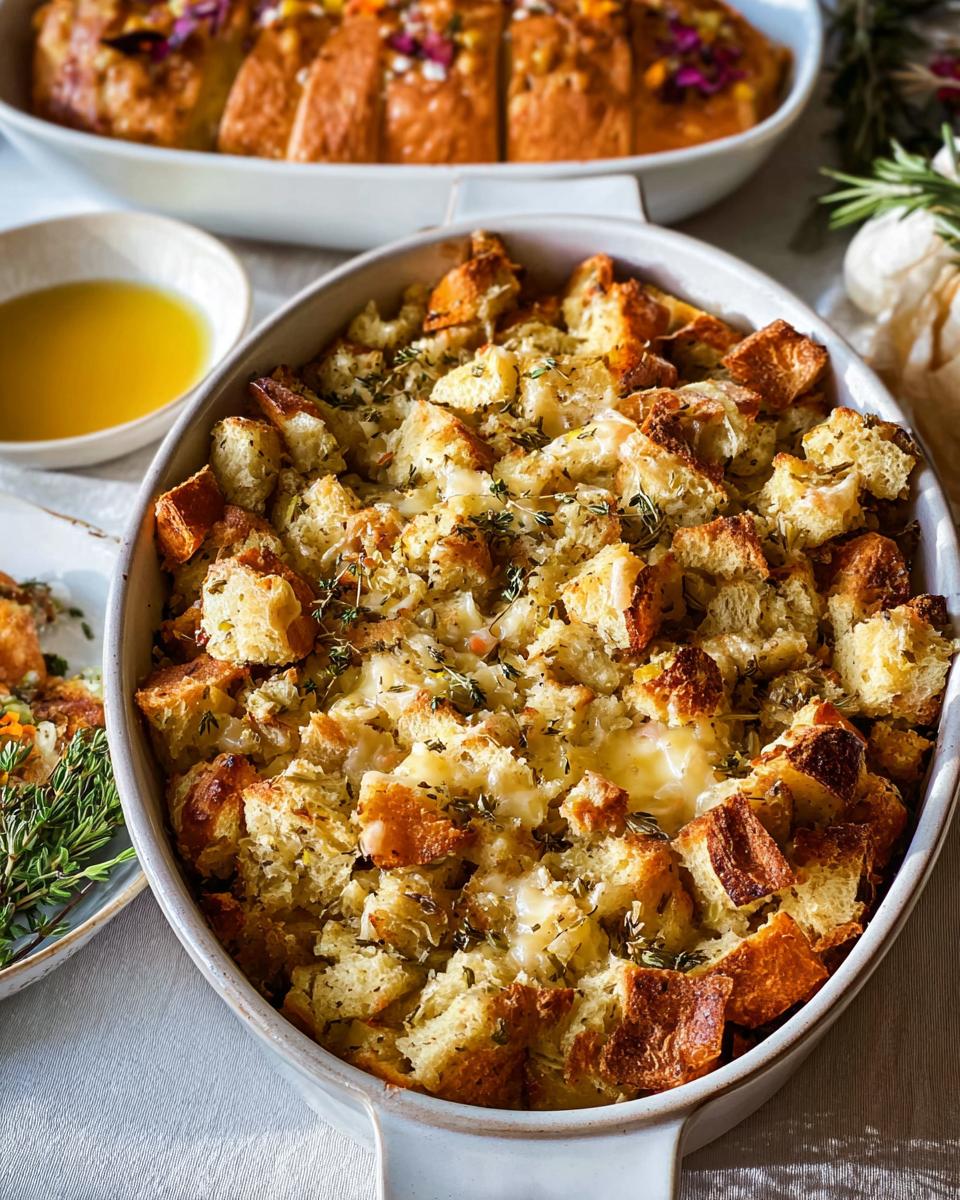 Close-up of a baking dish filled with golden-brown Homemade Herb Bread Stuffing, topped with fresh herbs.