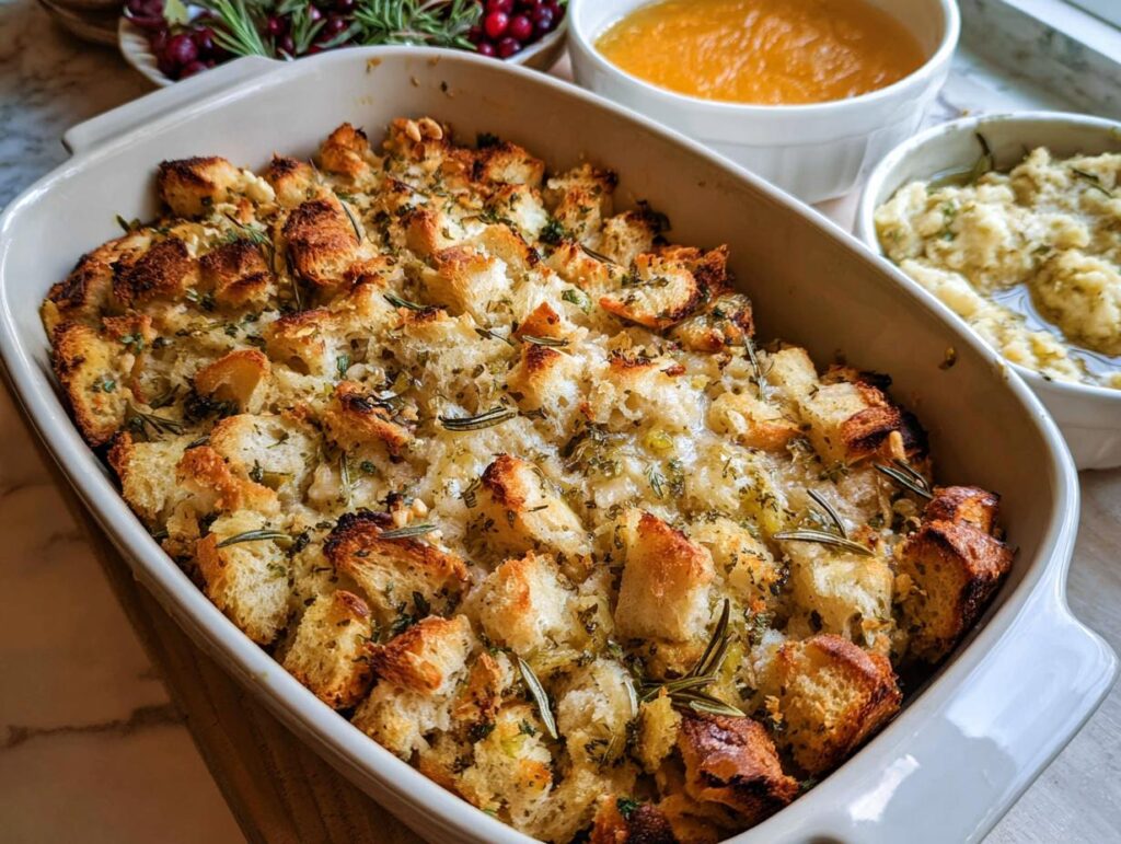 Close-up of golden-brown Homemade Herb Bread Stuffing baked in a casserole dish, topped with herbs.