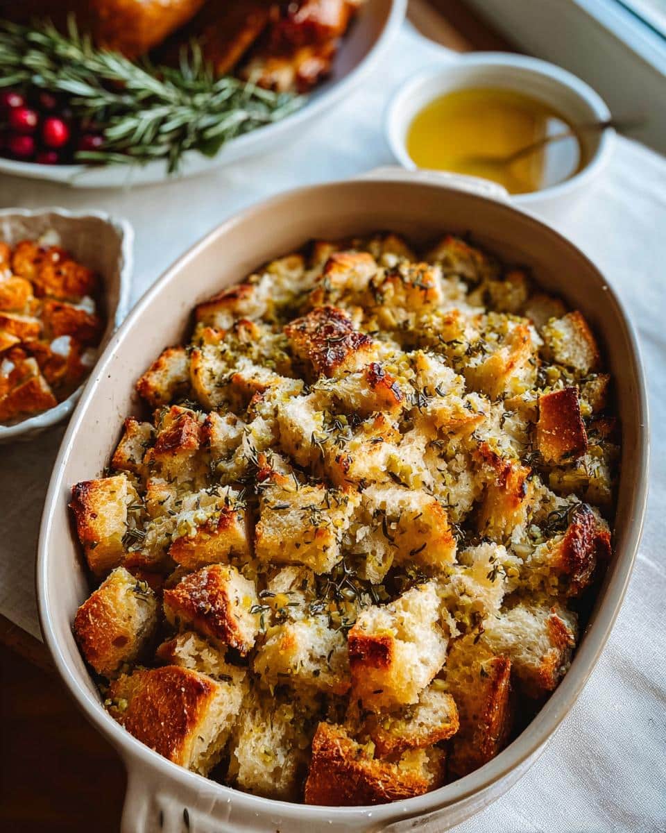 Close-up of a baking dish filled with golden-brown Homemade Herb Bread Stuffing, topped with fresh herbs.