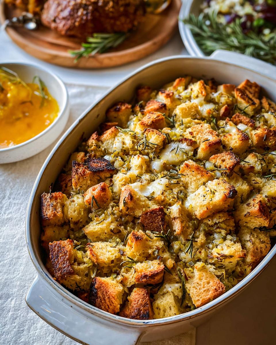 Close-up of a golden-brown Homemade Herb Bread Stuffing baked in a white oval dish, garnished with rosemary.