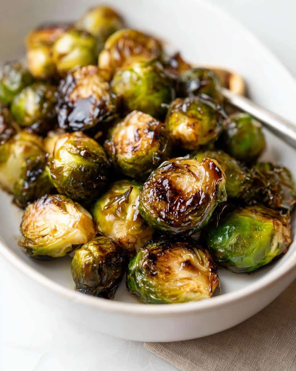 Close-up of glossy Honey Balsamic Brussels Sprouts in a white bowl, glistening with sauce.
