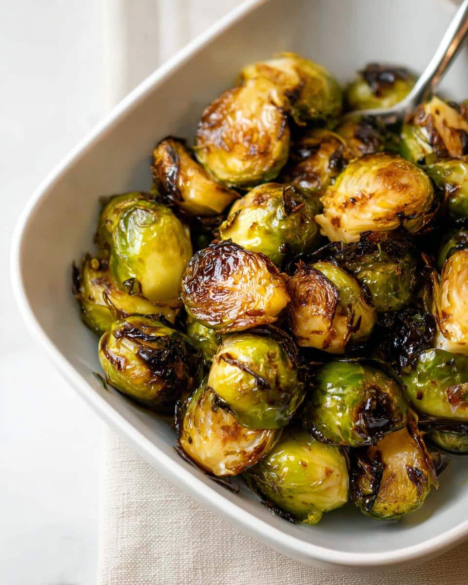 Close-up of glistening Honey Balsamic Brussels Sprouts served in a white bowl.