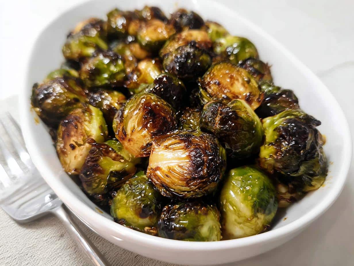 Close-up of glistening Honey Balsamic Brussels Sprouts in a white serving bowl, ready to be enjoyed.