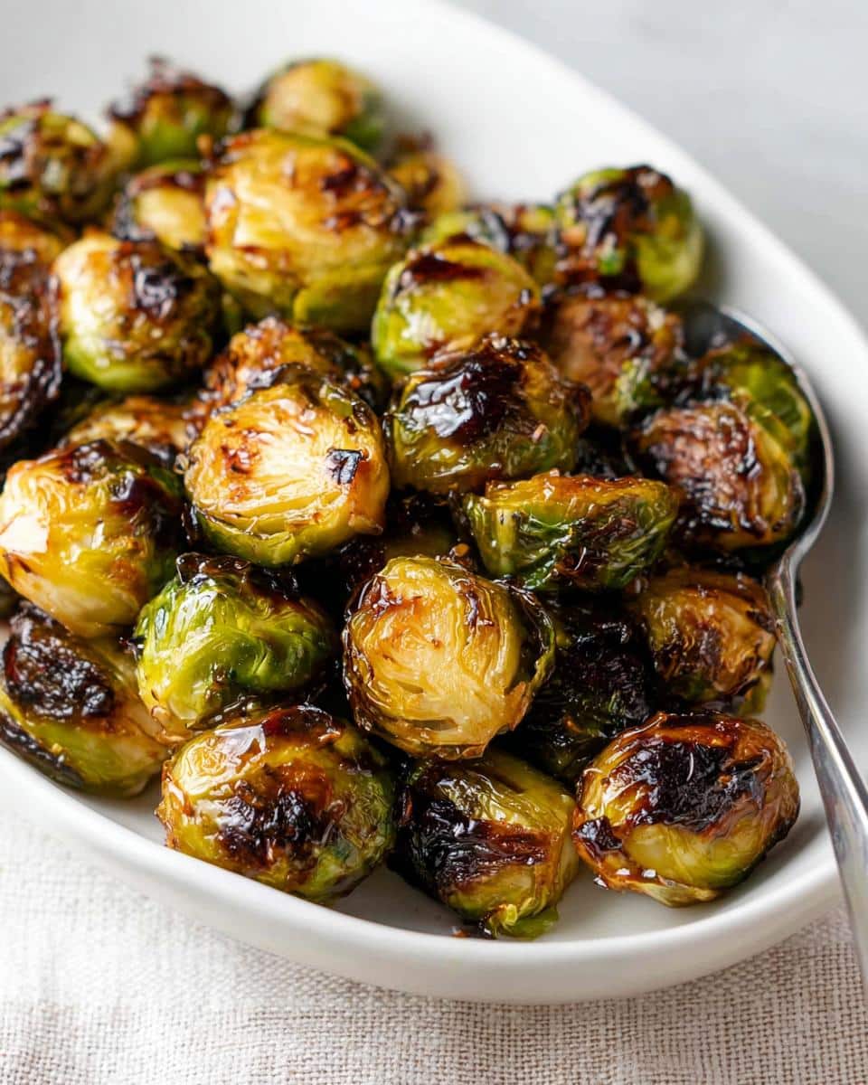Close-up of glossy Honey Balsamic Brussels Sprouts in a white oval dish, with a spoon visible.