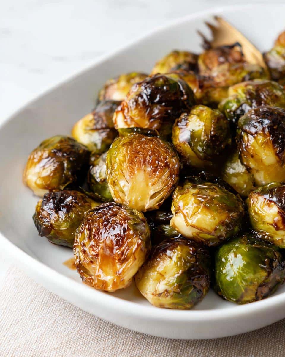 Close-up of glossy Honey Balsamic Brussels Sprouts in a white bowl, caramelized and tender.