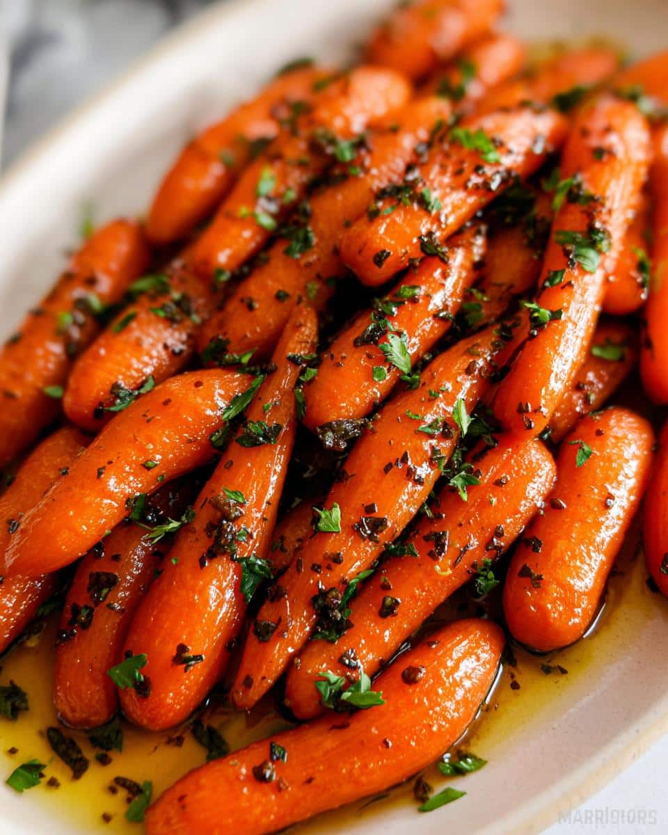 Close-up of glistening honey glazed baby carrots, garnished with fresh parsley.