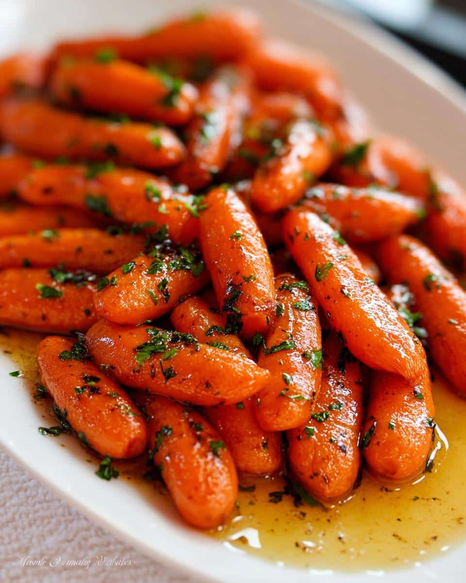 Close-up of glistening Honey Glazed Baby Carrots sprinkled with fresh parsley on a white platter.
