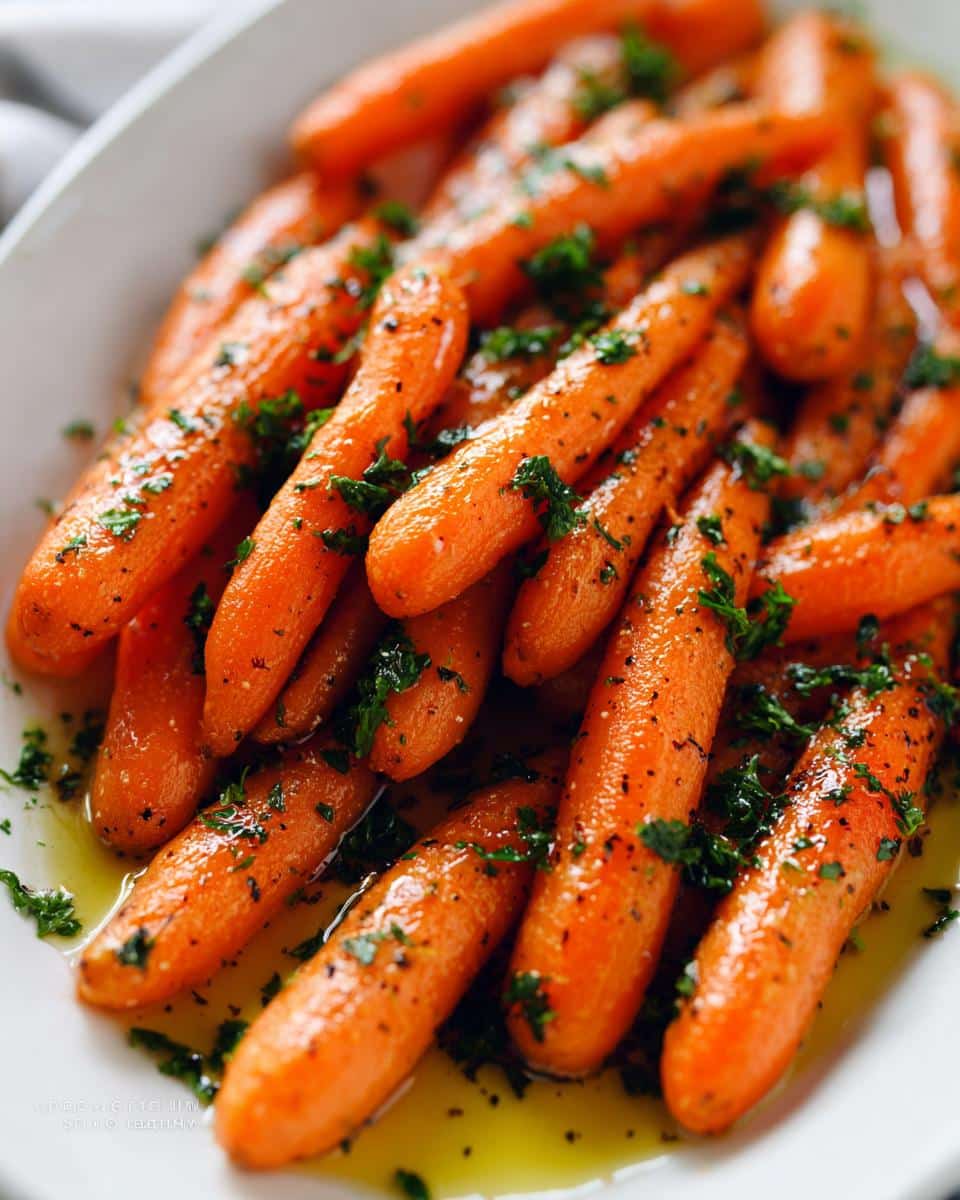 Close-up of tender Honey Glazed Baby Carrots, glistening with sauce and sprinkled with fresh parsley.