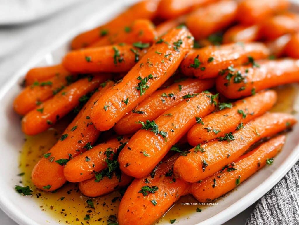 A close-up shot of a platter of glistening Honey Glazed Baby Carrots, garnished with fresh parsley.