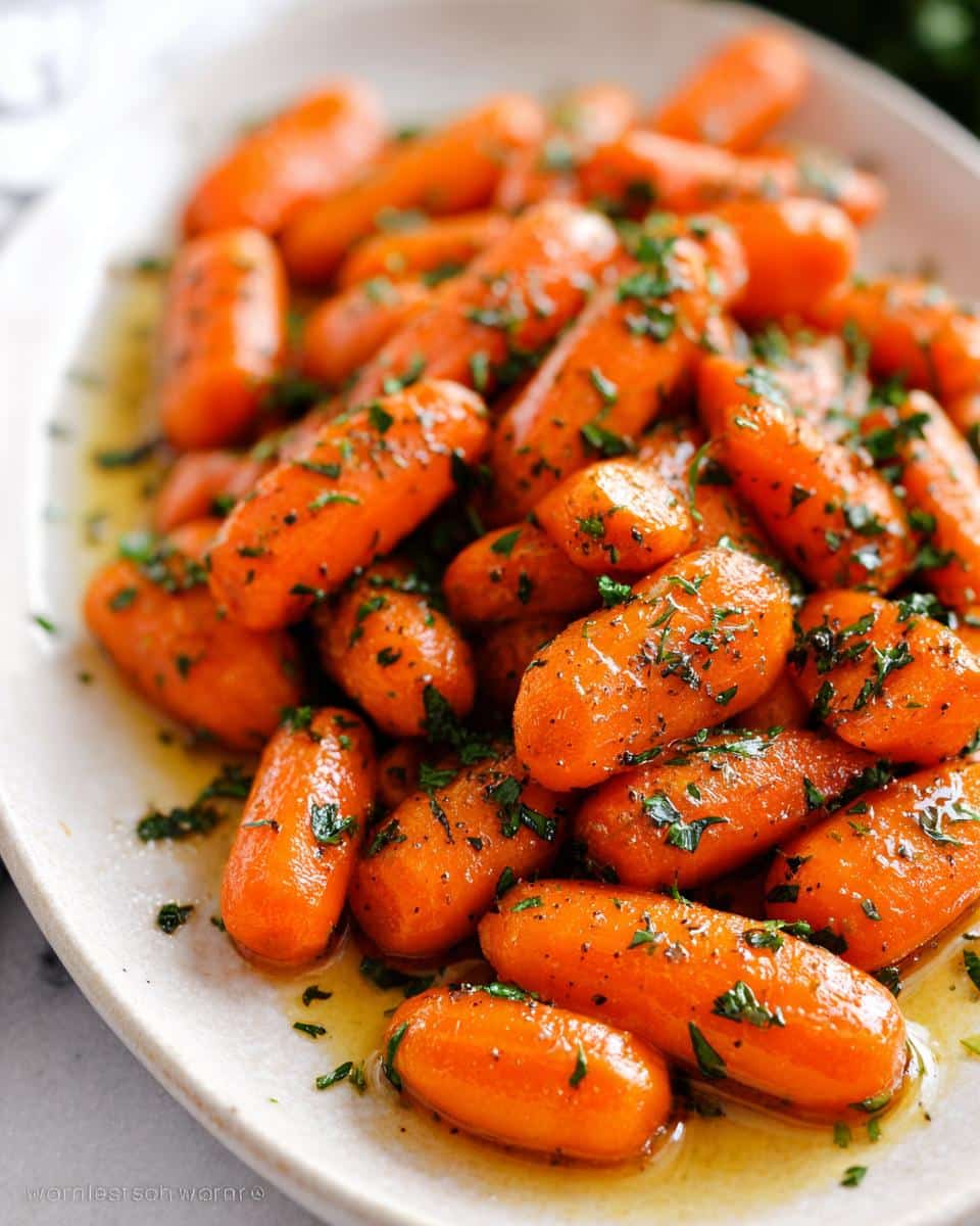 A close-up of a platter of glistening Honey Glazed Baby Carrots, sprinkled with fresh chopped parsley.
