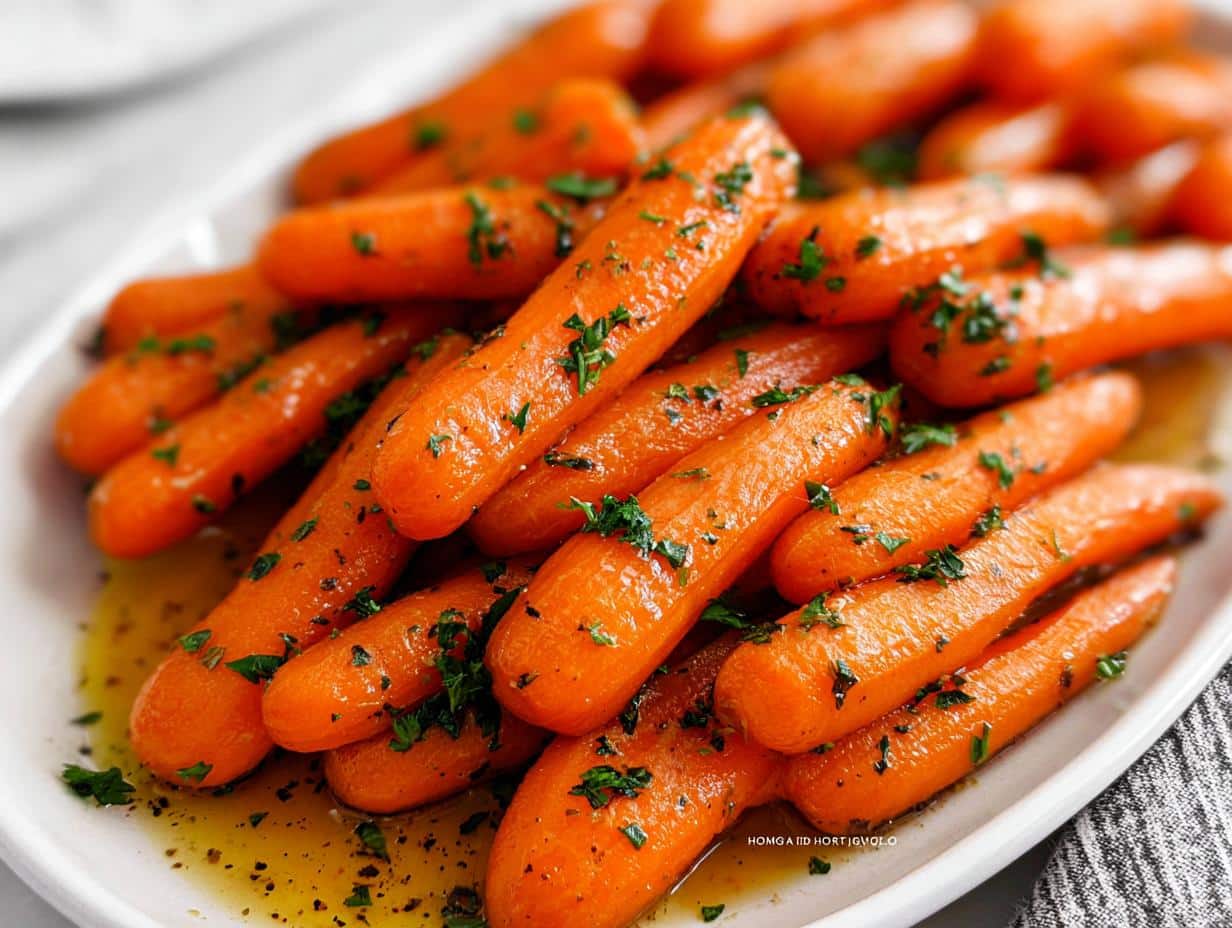 A close-up shot of a platter of glistening Honey Glazed Baby Carrots, garnished with fresh parsley.