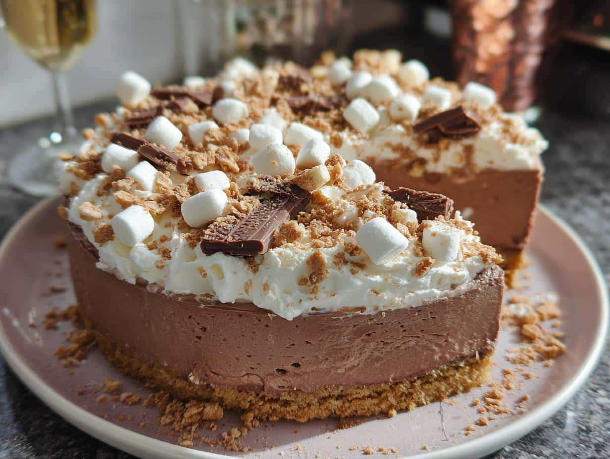 A slice of rich Hot Chocolate Cheesecake topped with whipped cream, marshmallows, chocolate pieces, and graham cracker crumbs.