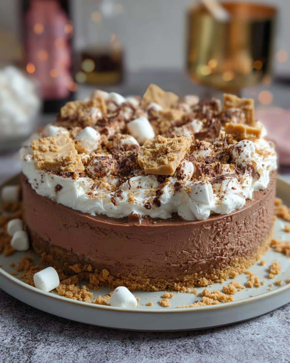 A rich Hot Chocolate Cheesecake topped with whipped cream, marshmallows, chocolate shavings, and cookie crumbs.