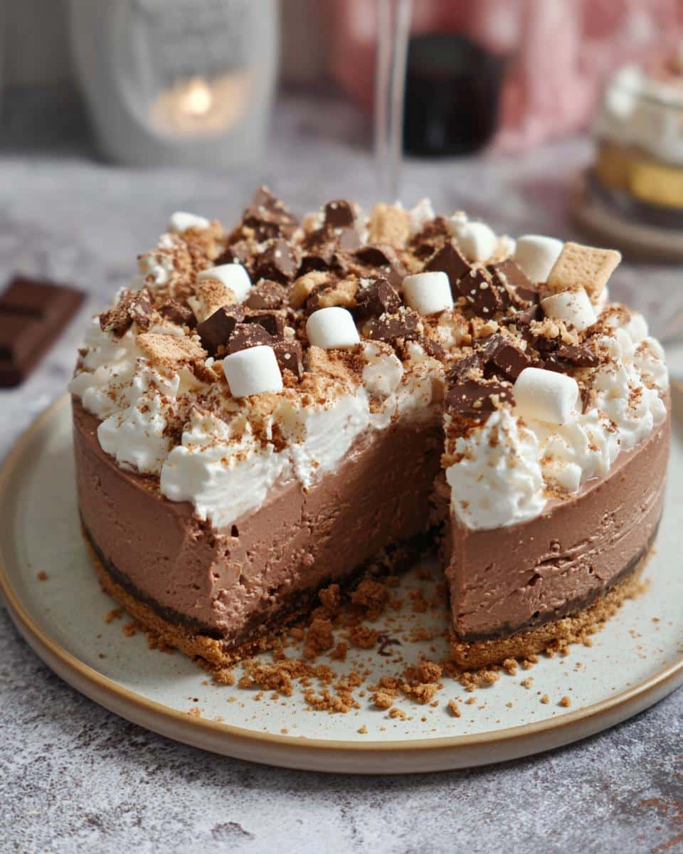 A slice is cut from a rich Hot Chocolate Cheesecake topped with whipped cream, marshmallows, chocolate chunks, and graham cracker crumbs.