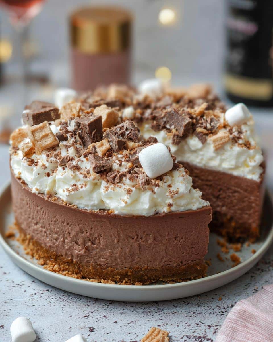 A rich Hot Chocolate Cheesecake topped with whipped cream, chocolate chunks, marshmallows, and cookie crumbs.