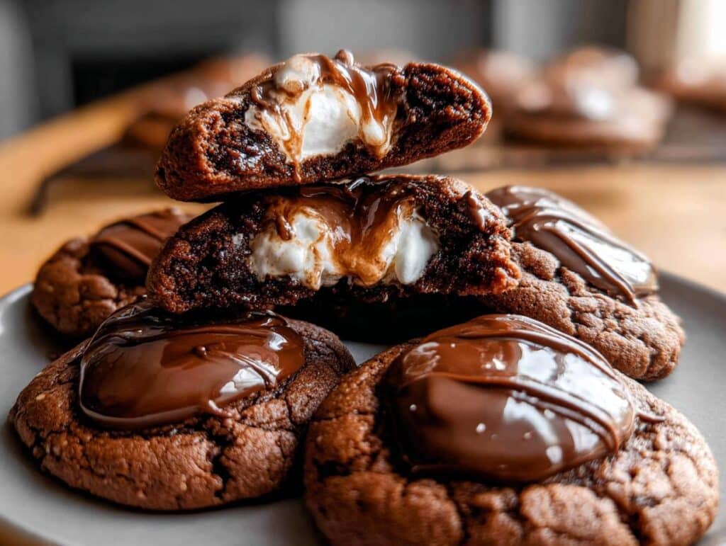 Close-up of decadent hot cocoa cookies with gooey marshmallow centers, topped with melted chocolate.