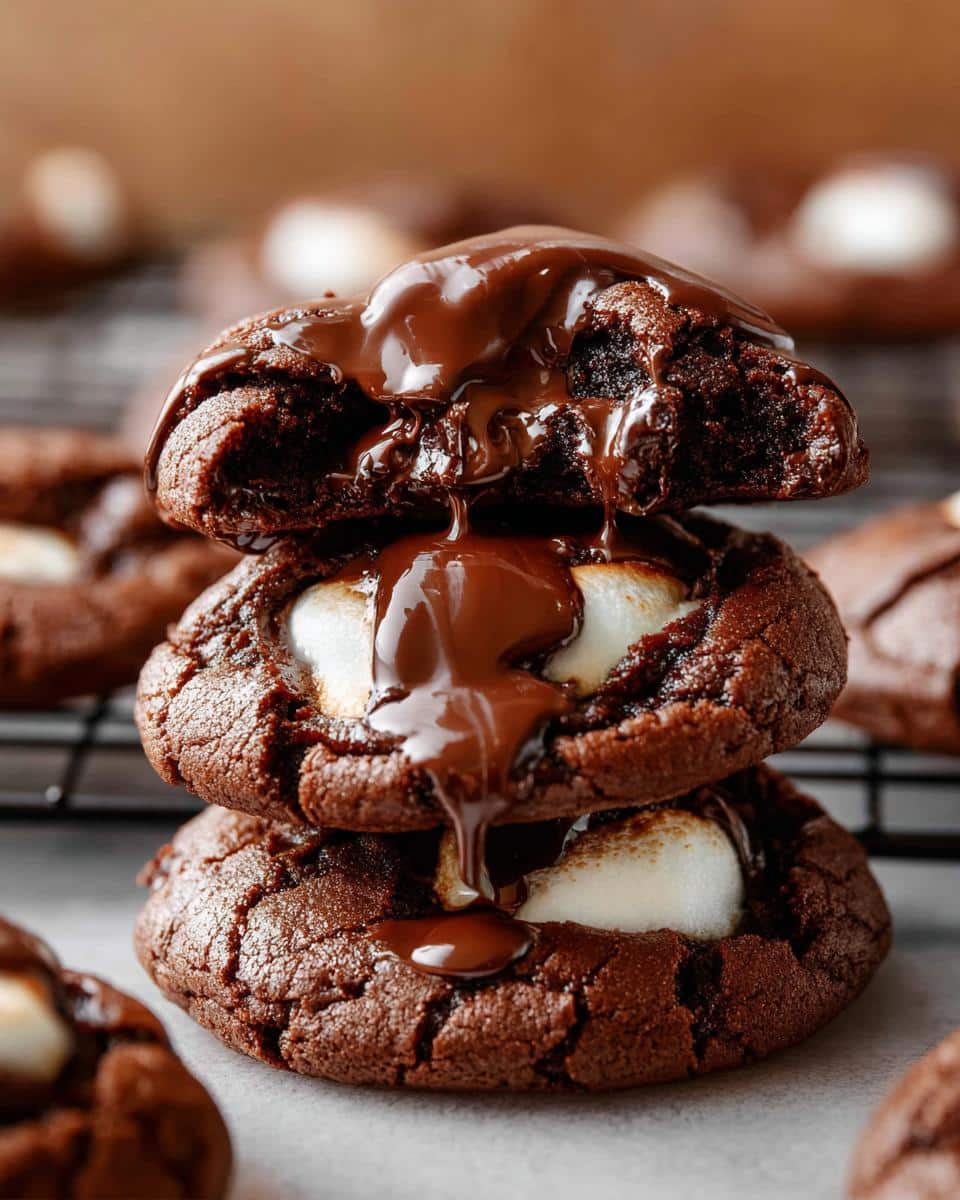 A stack of three hot cocoa cookies with gooey marshmallow centers, drizzled with melted chocolate.
