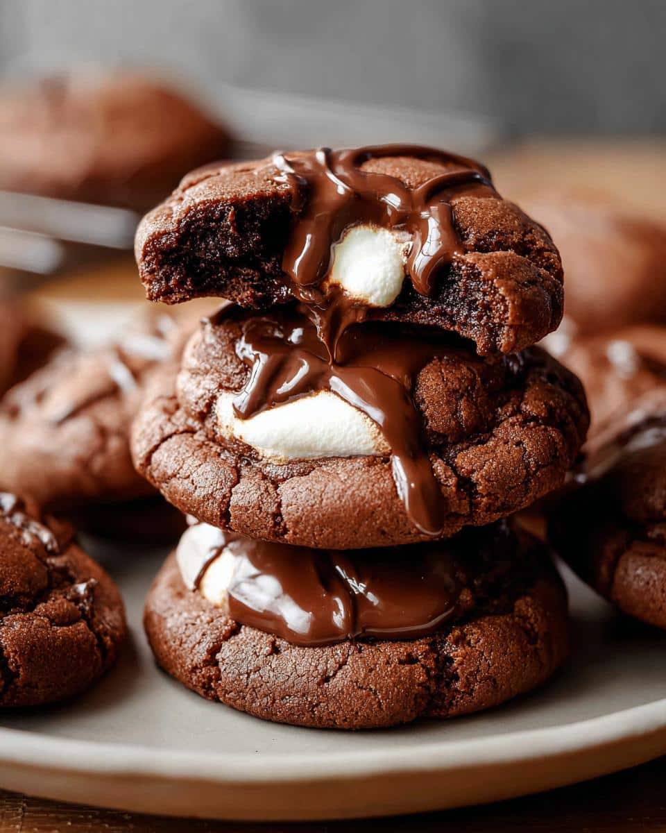 A stack of three hot cocoa cookies with marshmallow centers, drizzled with melted chocolate.