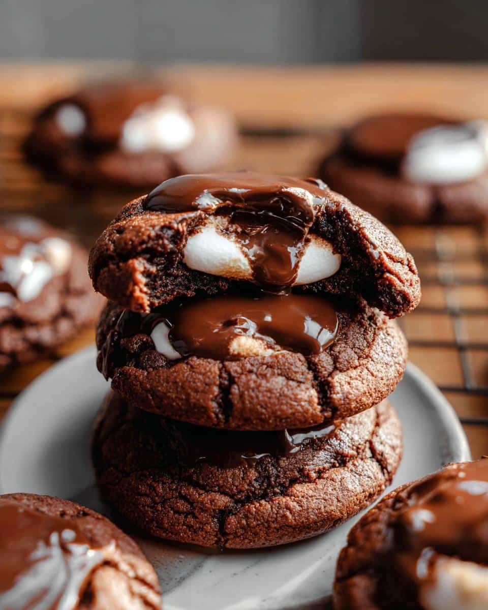 A stack of three hot cocoa cookies with gooey marshmallow centers, drizzled with chocolate.