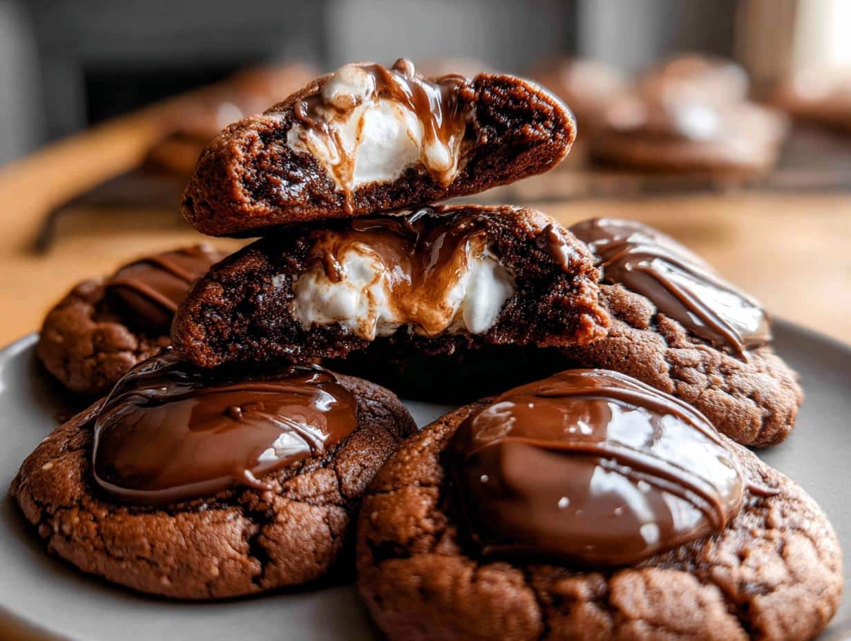 Close-up of decadent hot cocoa cookies with gooey marshmallow centers, topped with melted chocolate.