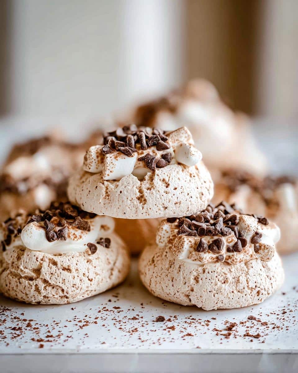 A close-up of several fluffy Hot Cocoa Meringue Cookies topped with whipped cream, chocolate chips, and mini marshmallows.