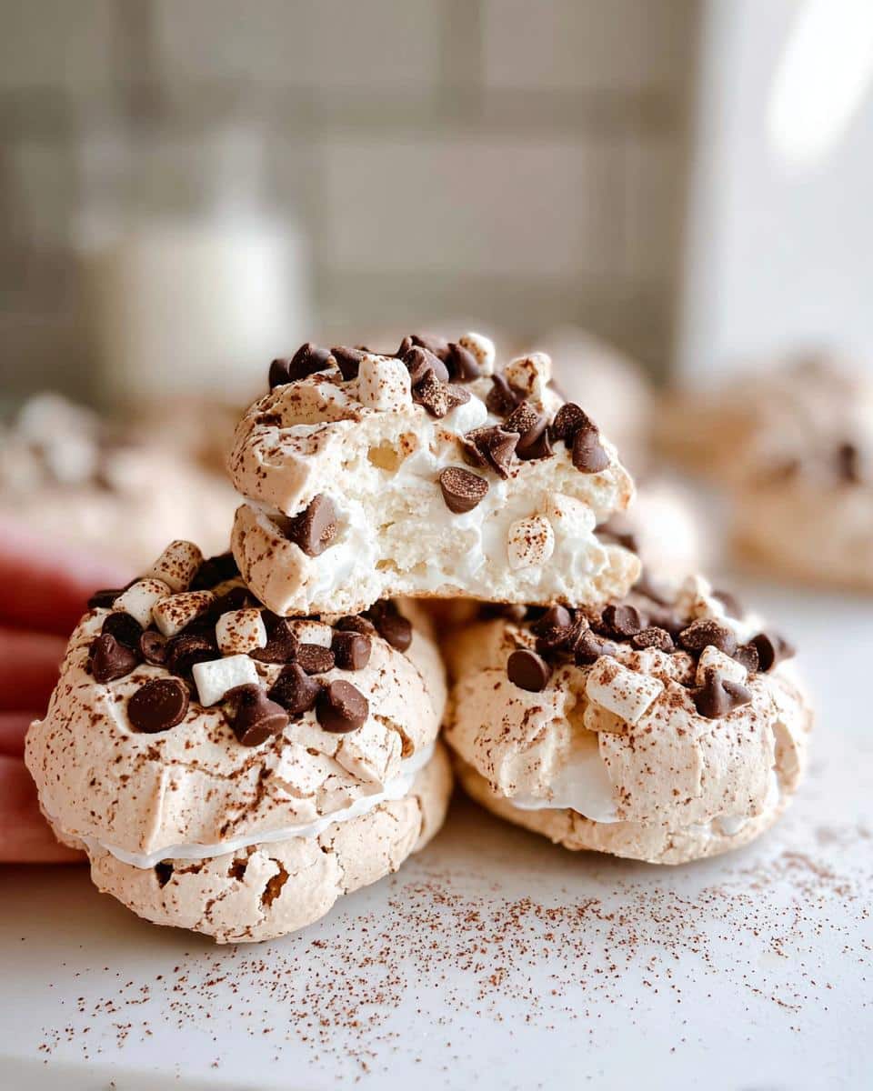 A stack of three Hot Cocoa Meringue Cookies, topped with mini chocolate chips and marshmallows. One cookie is broken in half to reveal the creamy filling.