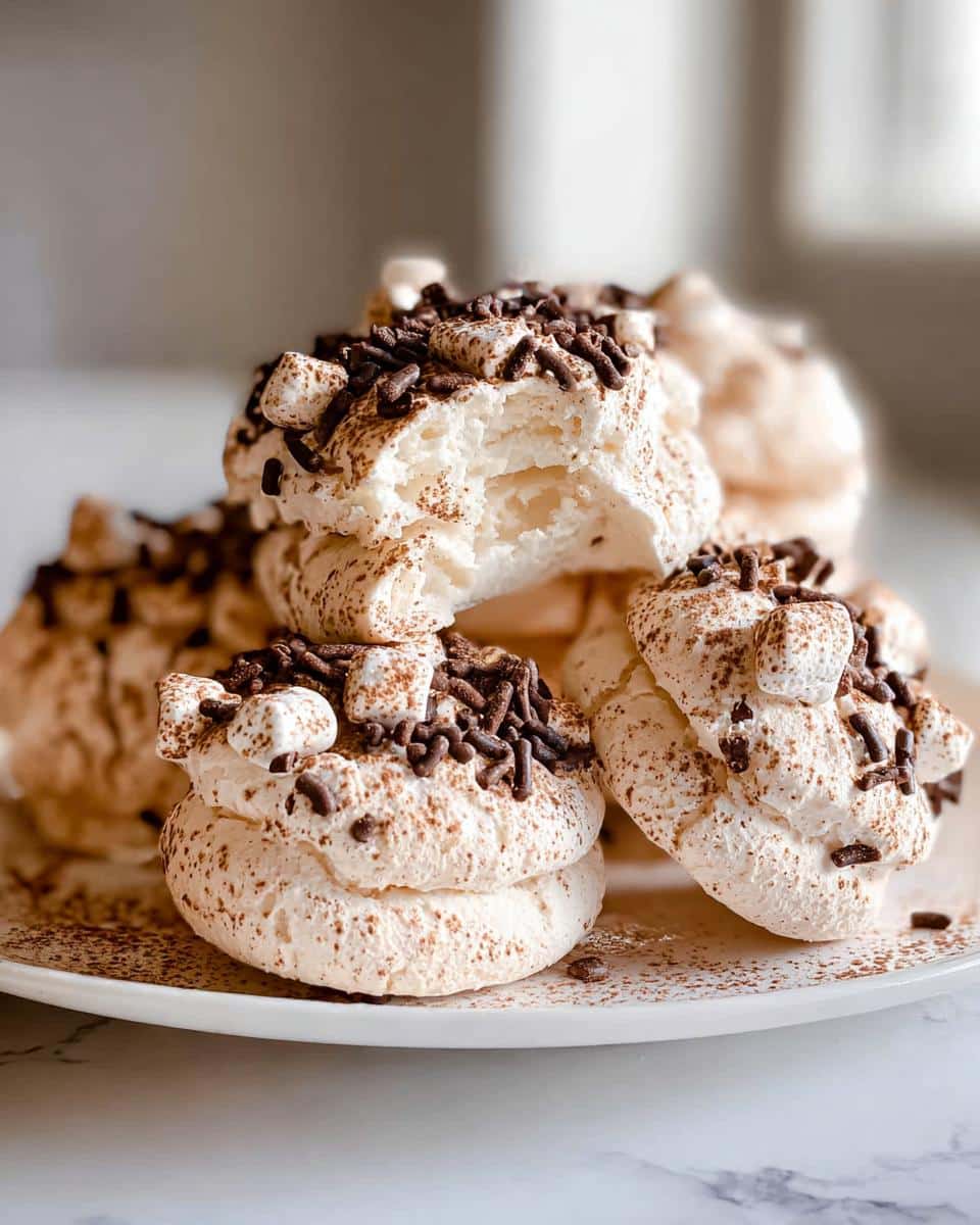 A pile of fluffy Hot Cocoa Meringue Cookies topped with chocolate sprinkles and mini marshmallows.