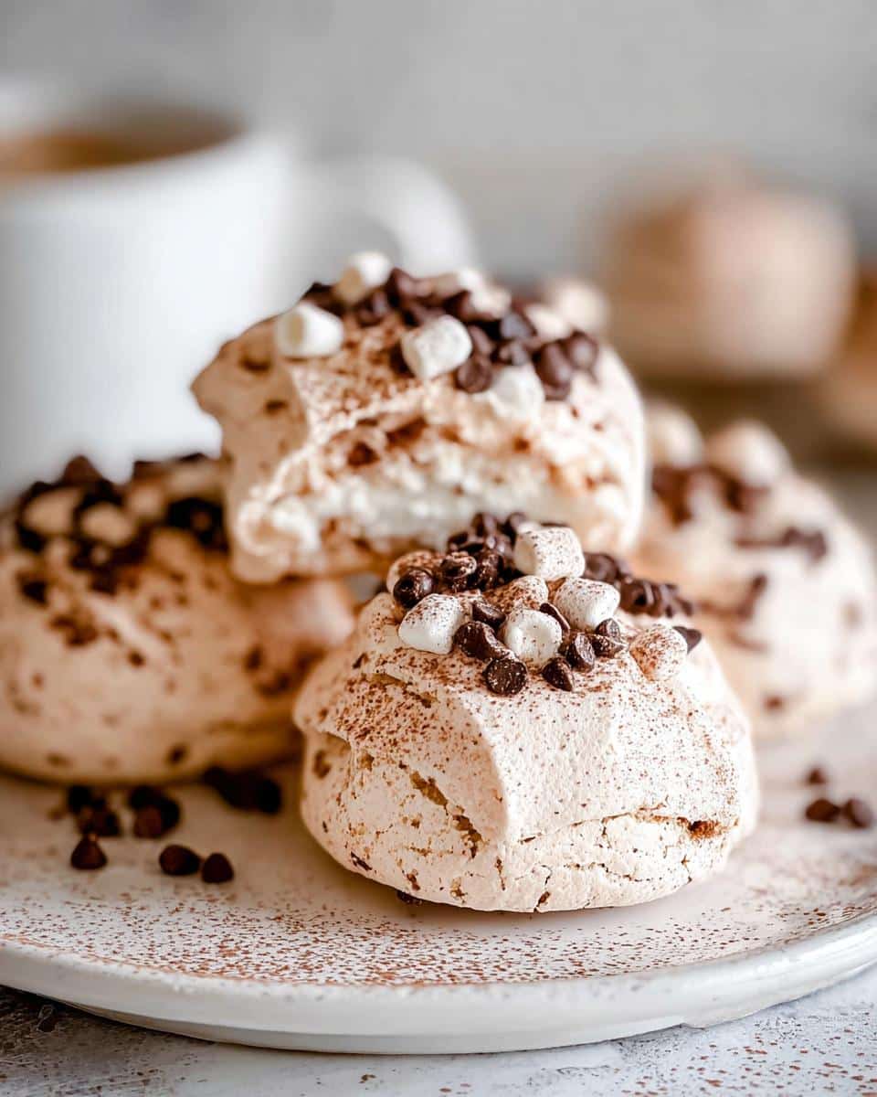 Close-up of delicious Hot Cocoa Meringue Cookies topped with mini marshmallows and chocolate chips.