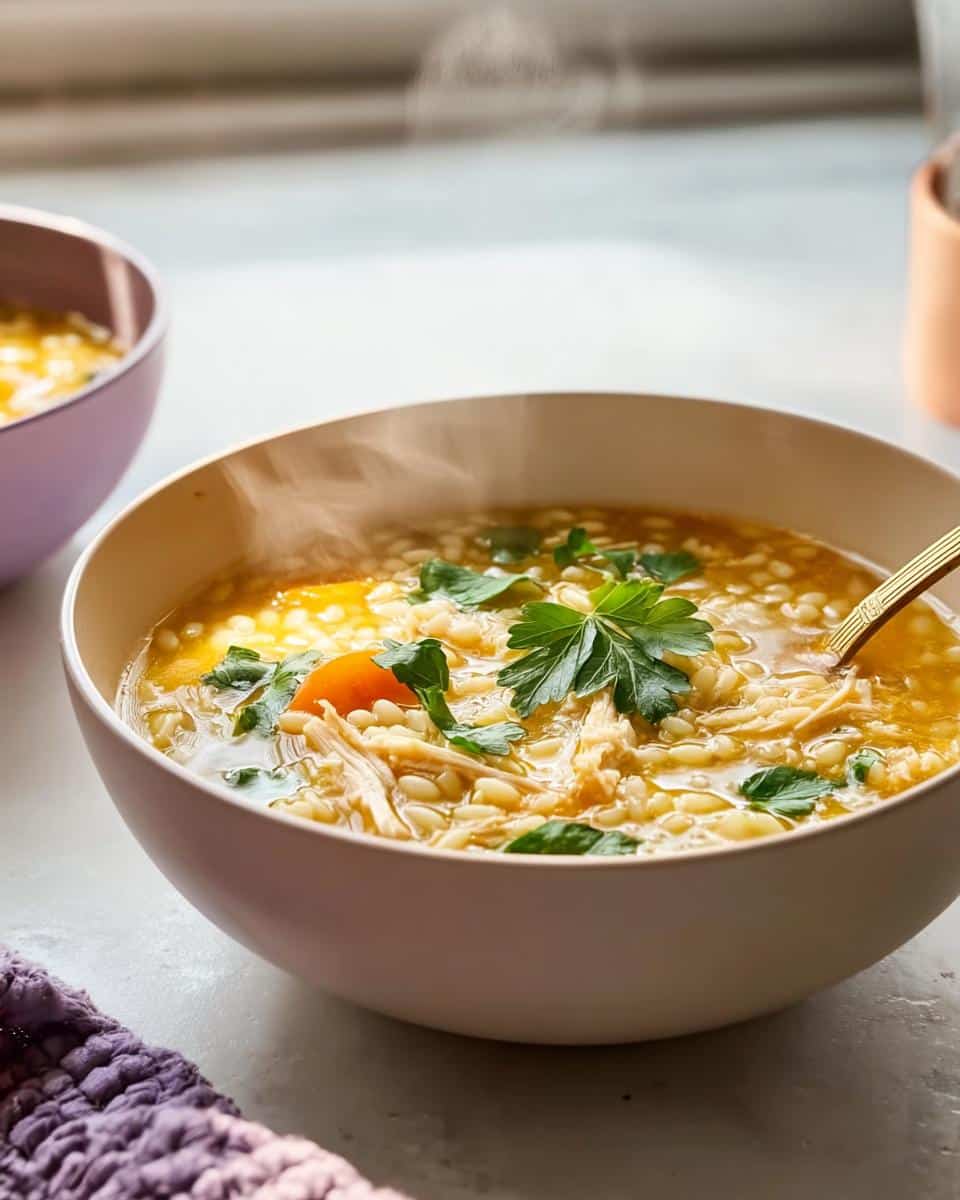 A close-up of a steaming bowl of Italian Penicillin Soup, featuring pasta, shredded chicken, carrots, and fresh parsley.