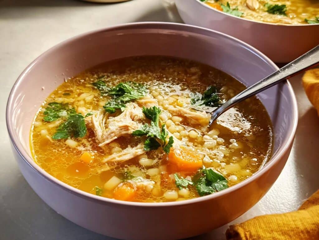A close-up of a bowl of Italian Penicillin Soup, featuring shredded chicken, small pasta, carrots, and fresh parsley.