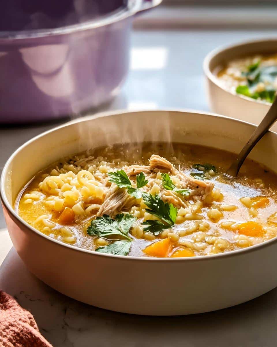 A steaming bowl of Italian Penicillin Soup with shredded chicken, ditalini pasta, carrots, and fresh parsley.