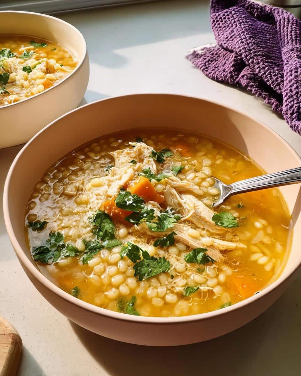 A close-up of a bowl of Italian Penicillin Soup, featuring shredded chicken, small pasta, carrots, and fresh parsley.