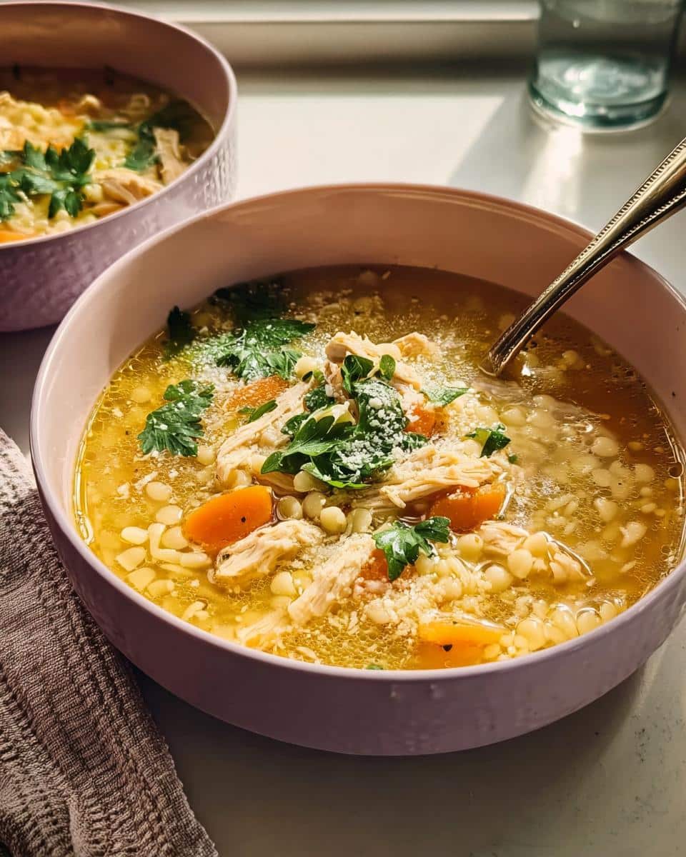 A comforting bowl of Italian Penicillin Soup, featuring shredded chicken, small pasta, carrots, and fresh parsley.