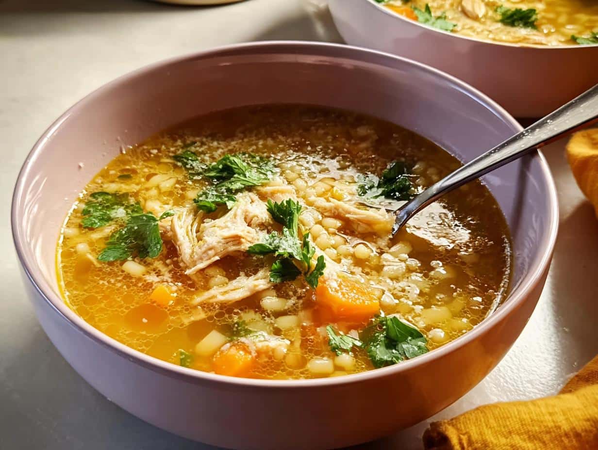 A close-up of a bowl of Italian Penicillin Soup, featuring shredded chicken, small pasta, carrots, and fresh parsley.