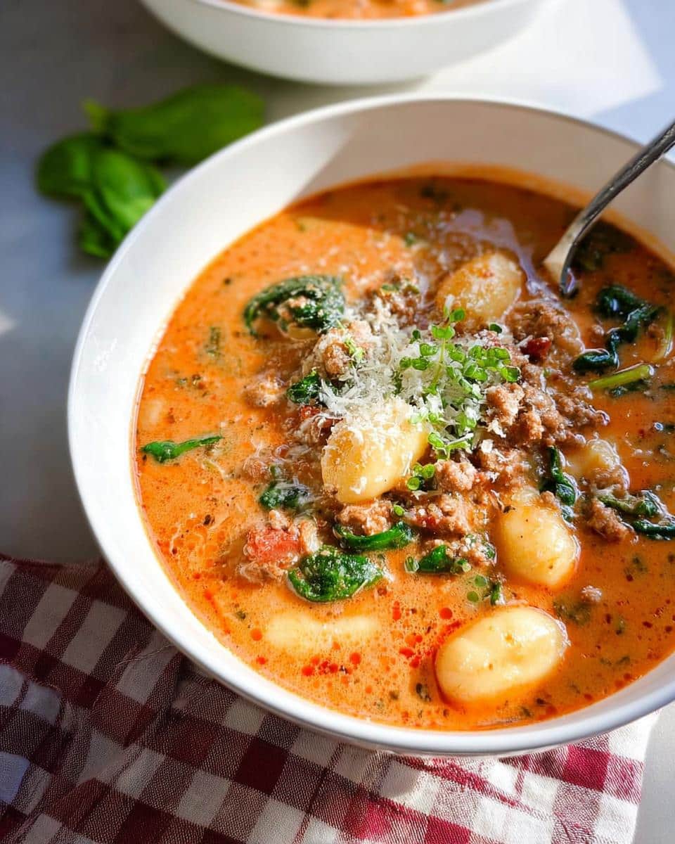 A hearty bowl of Italian Sausage and Spinach Gnocchi Soup, topped with grated Parmesan cheese and fresh herbs.