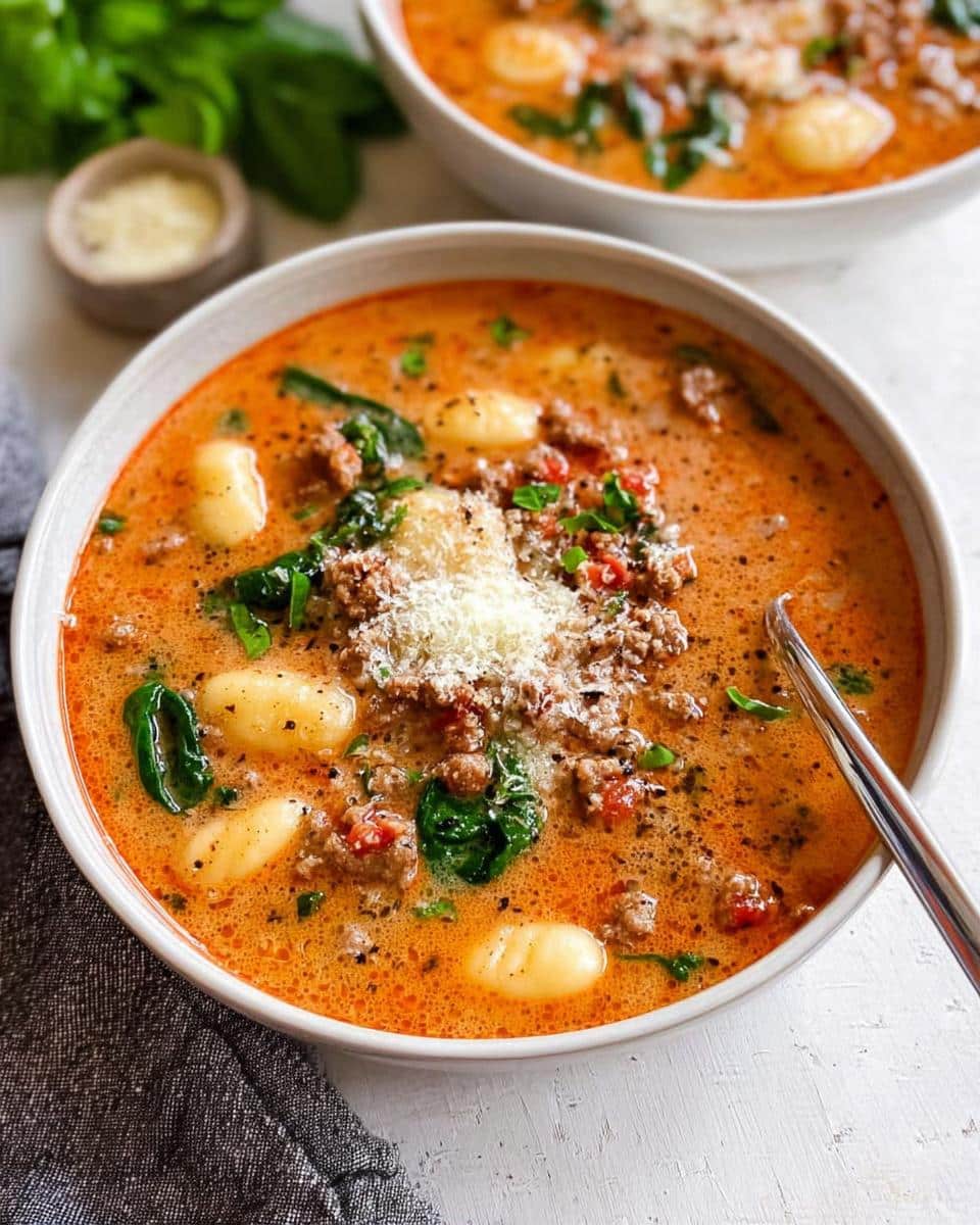 A close-up of a steaming bowl of Italian Sausage and Spinach Gnocchi Soup, topped with Parmesan cheese and fresh parsley.