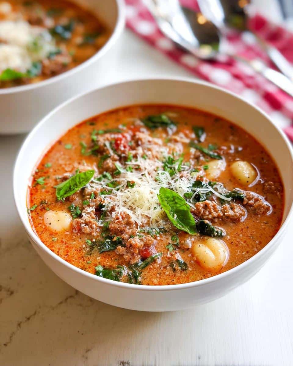 A close-up of a hearty bowl of Italian Sausage and Spinach Gnocchi Soup, topped with cheese and basil.