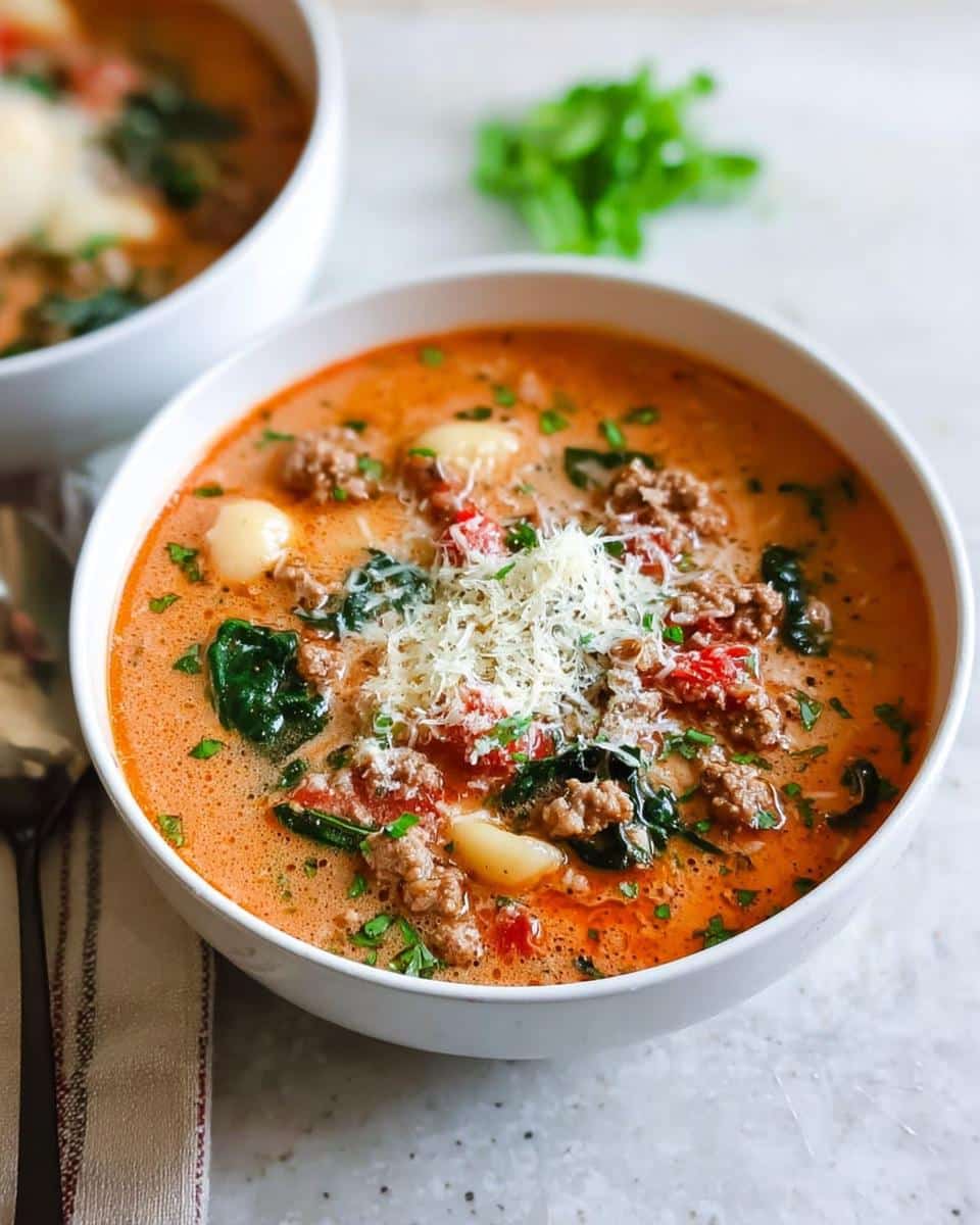 A close-up of a hearty bowl of Italian Sausage and Spinach Gnocchi Soup, topped with shredded cheese and parsley.