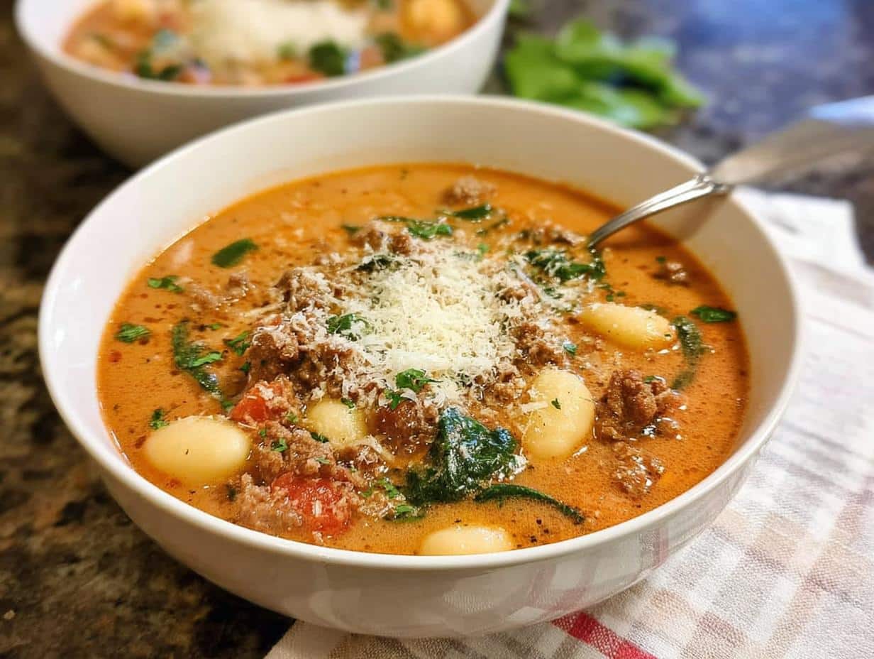A close-up of a hearty bowl of Italian Sausage and Spinach Gnocchi Soup, topped with shredded Parmesan cheese.