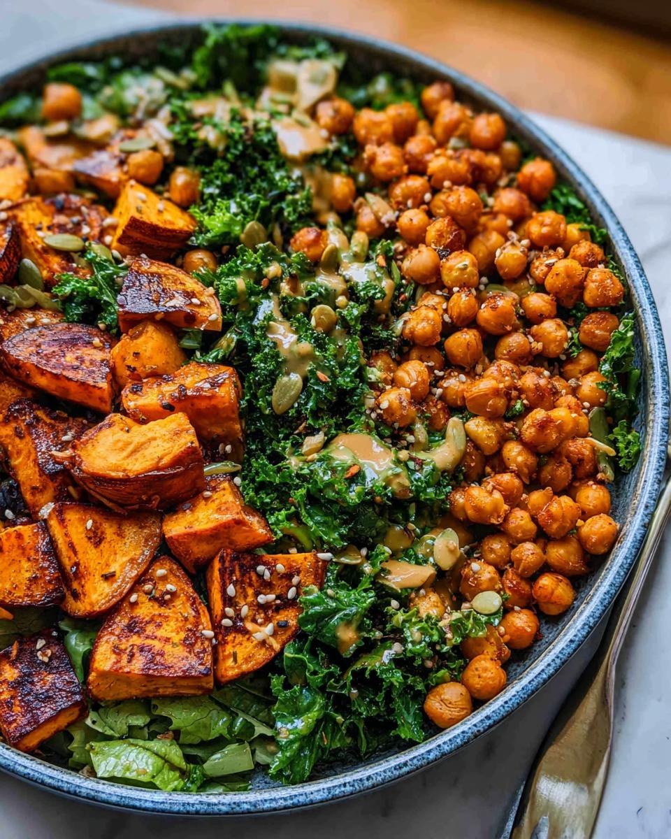 Close-up of a vibrant Kale & Sweet Potato Harvest Bowl with roasted sweet potatoes, seasoned chickpeas, and a creamy dressing.