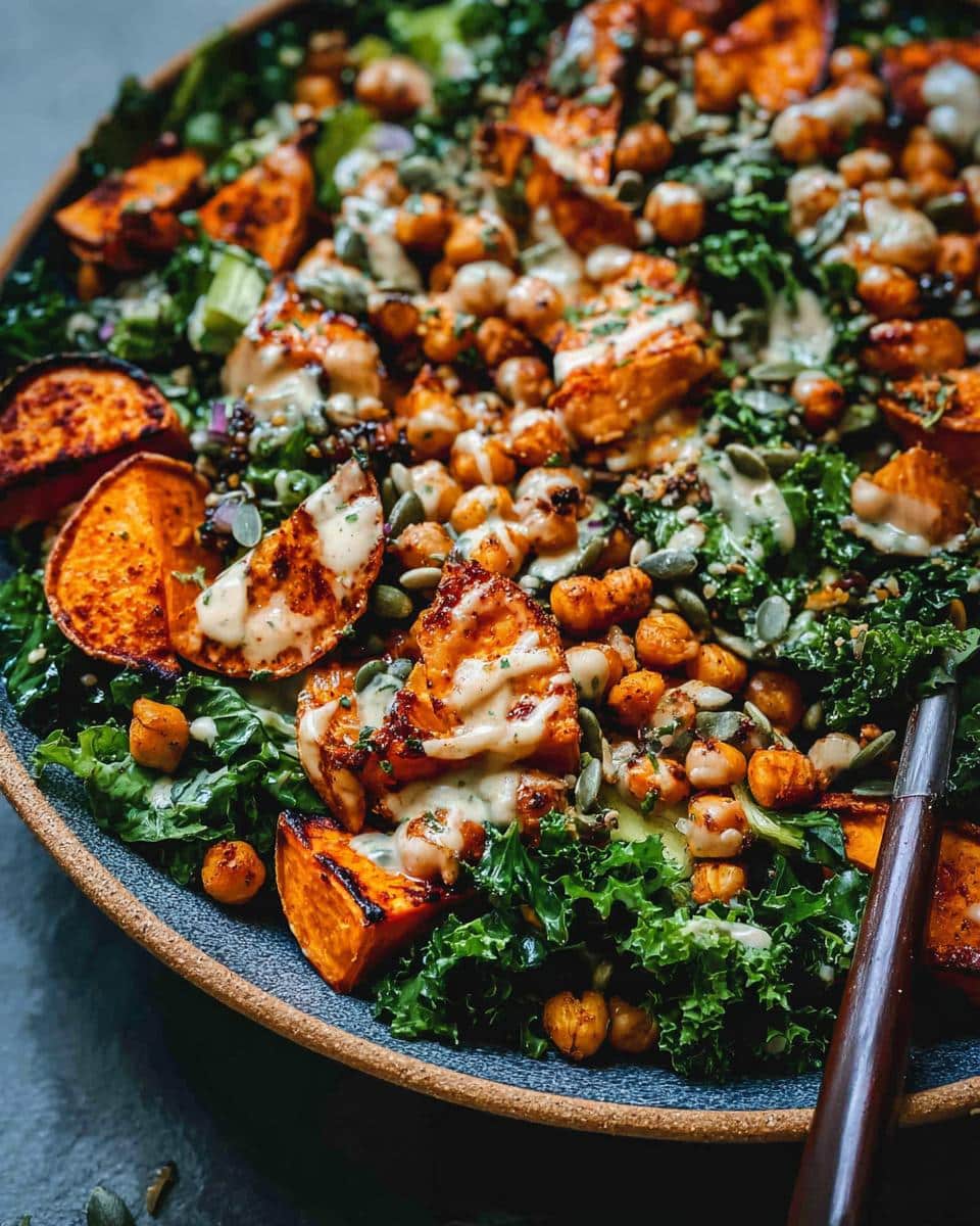 Close-up of a vibrant Kale & Sweet Potato Harvest Bowl with roasted sweet potato chunks, chickpeas, and a creamy dressing.