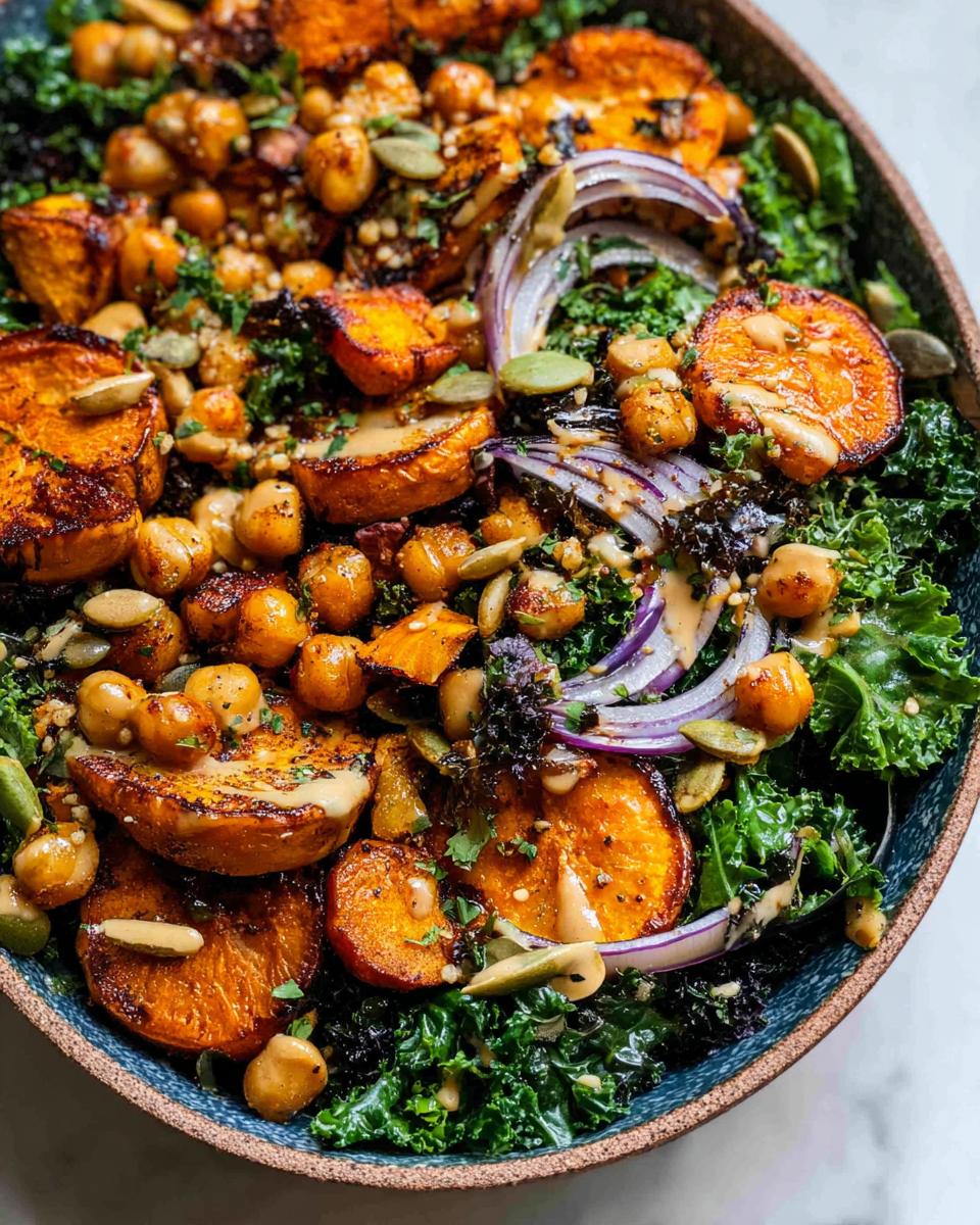 Close-up of a vibrant Kale & Sweet Potato Harvest Bowl with roasted sweet potatoes, chickpeas, red onion, and a creamy dressing.