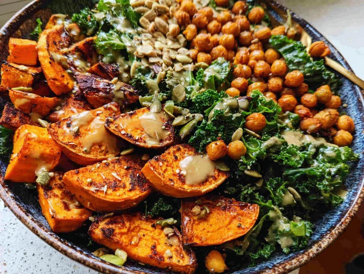 A vibrant and delicious Kale & Sweet Potato Harvest Bowl featuring roasted sweet potato wedges, crispy chickpeas, and fresh kale, drizzled with a creamy dressing.