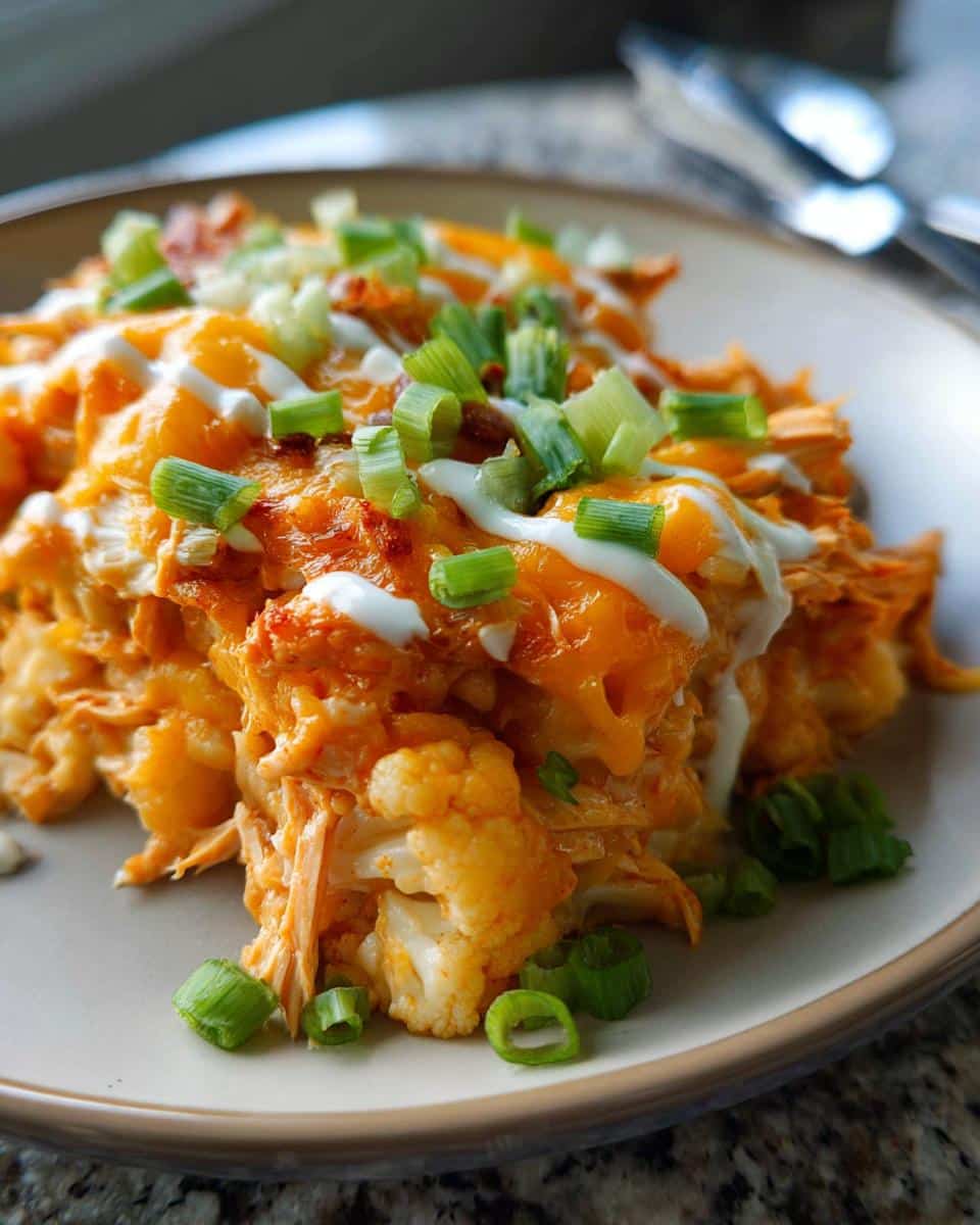 A close-up of Keto Buffalo Chicken Casserole topped with melted cheese, ranch dressing, and green onions.