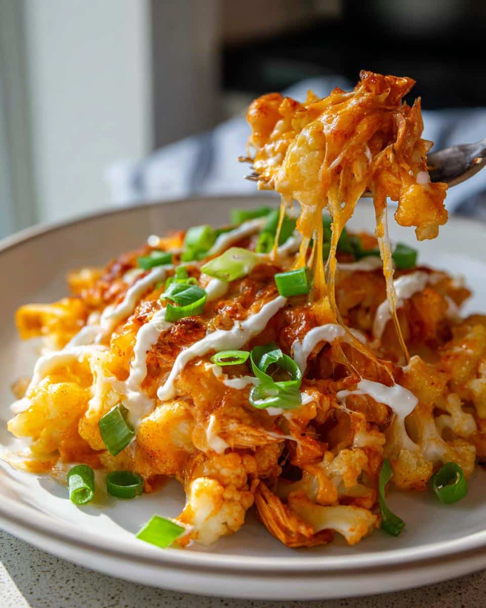A fork lifting a cheesy bite of Keto Buffalo Chicken Casserole, topped with ranch and green onions.