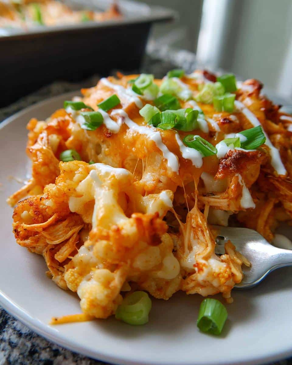 A close-up of a serving of Keto Buffalo Chicken Casserole, featuring shredded chicken, cauliflower florets, melted cheese, and a drizzle of ranch, garnished with green onions.